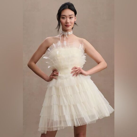 Mac Duggal 20259 MAC DUGGAL  Beige Feathered Strapless Tulle Fit and Flare Dress - Picture 2 of 16